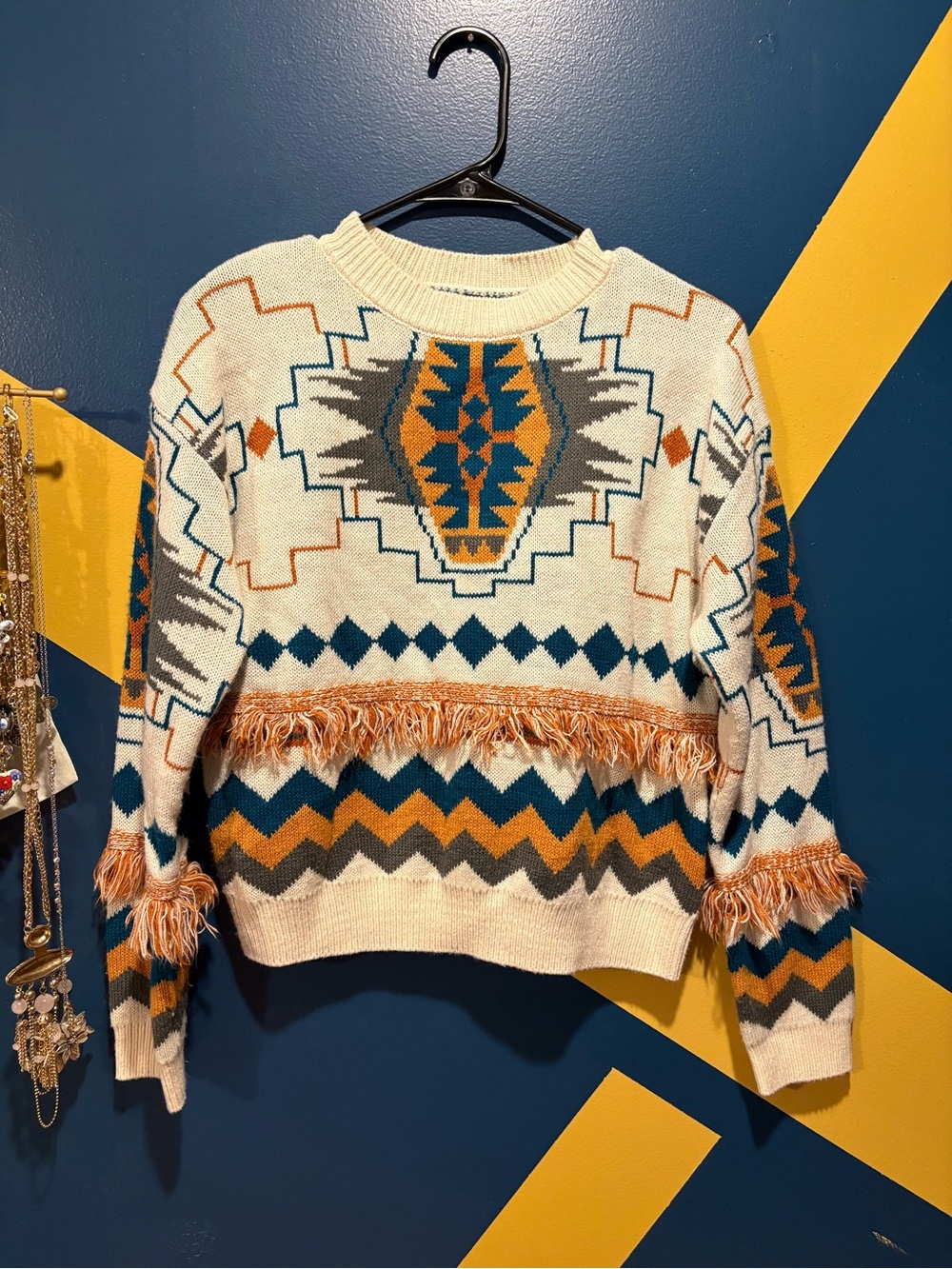 Rock & Roll Denim Off White Western Print Fringe Sweater EUC